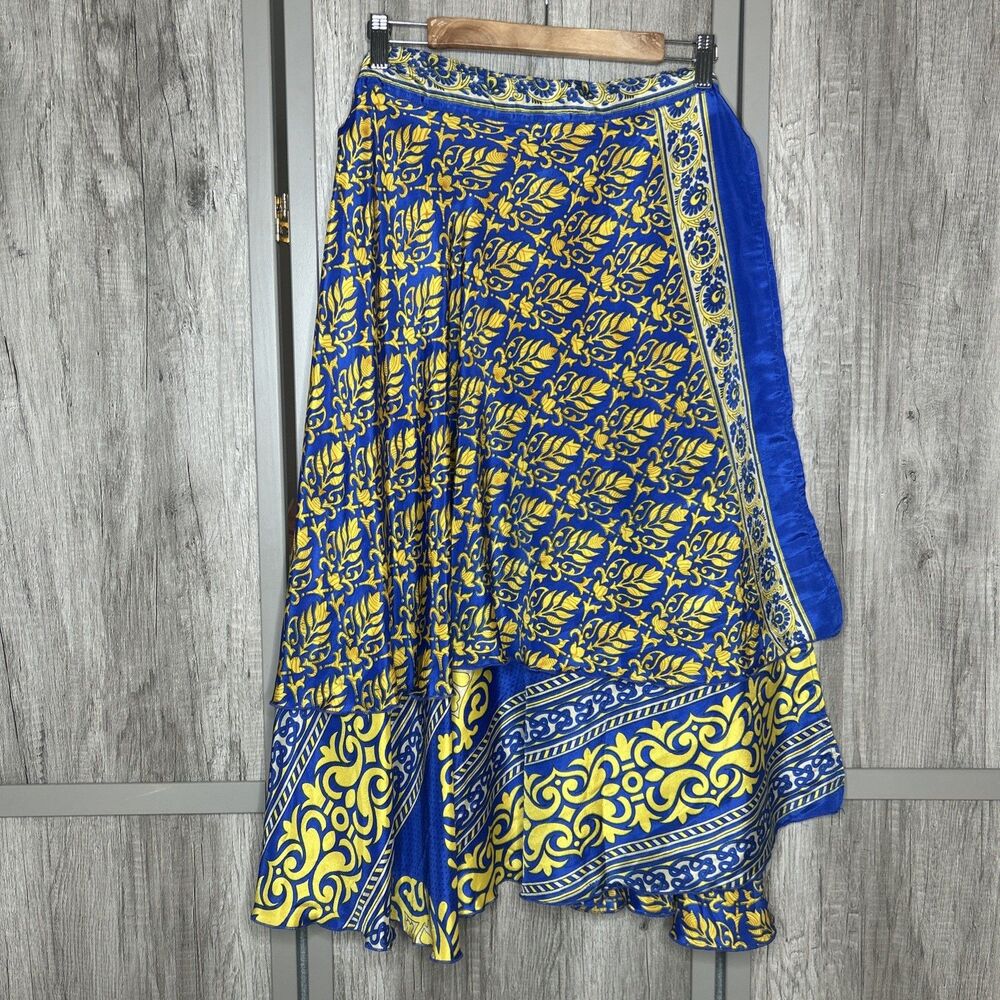 Wrap Skirt Midi Layered Silk Rayon Blue and Yellow Size M